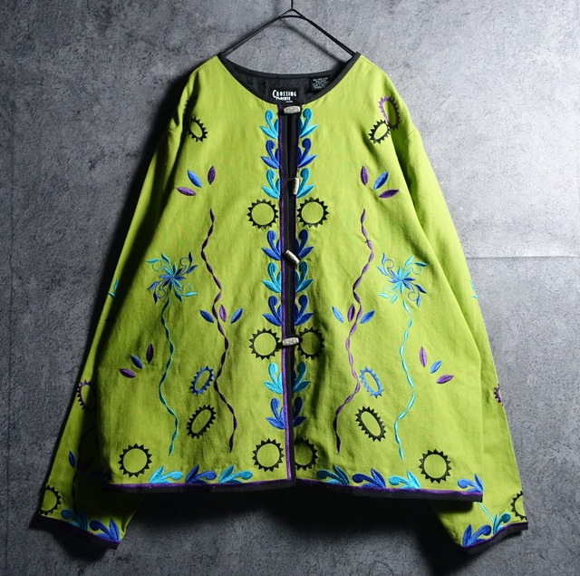 Lime Green Flower & Geometric Motif Embroidered Design No Color Jacket