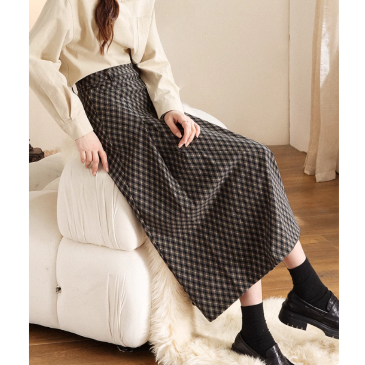 チェック柄 ボックスプリーツスカート W01100