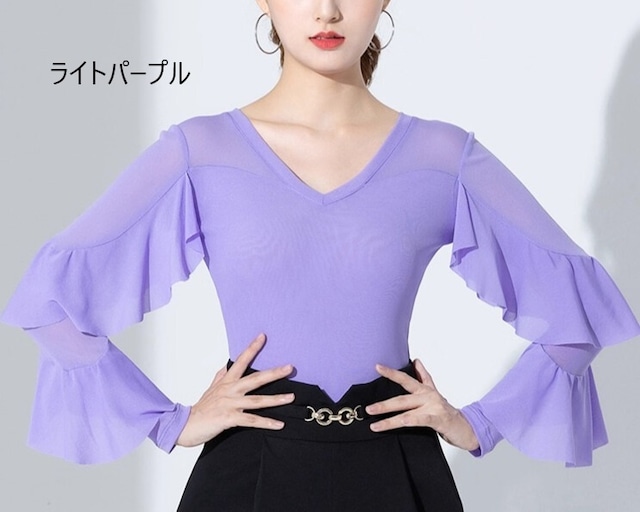 フレアスリーブ Vネック フリル ダンストップス (レオタードタイプ選択可) ds1106