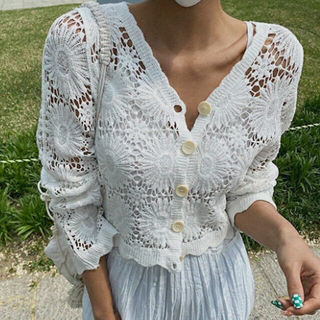 カーディガン レディース サマーニット 刺繍フラワー 長袖 パンチング カジュアル かわいい ホワイト/アプリコット S/M/L