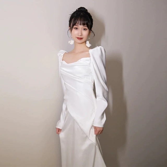 袖付きスレンダー編み上げドレス | Miharu shop美晴ドレスショップ