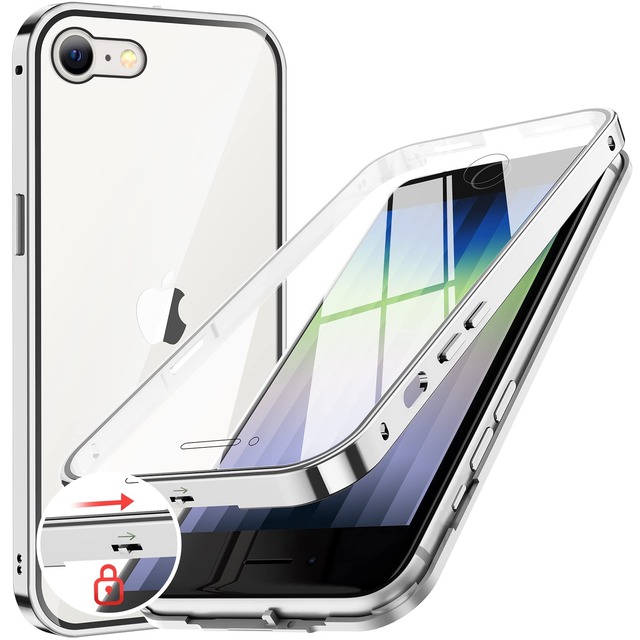 NIANGUO【ロック機能付き・自動ポップアップボタン】iPhone SE3 SE2・8・7 用ケース 第3世代 2022 両面強化ガラス(シルバー)