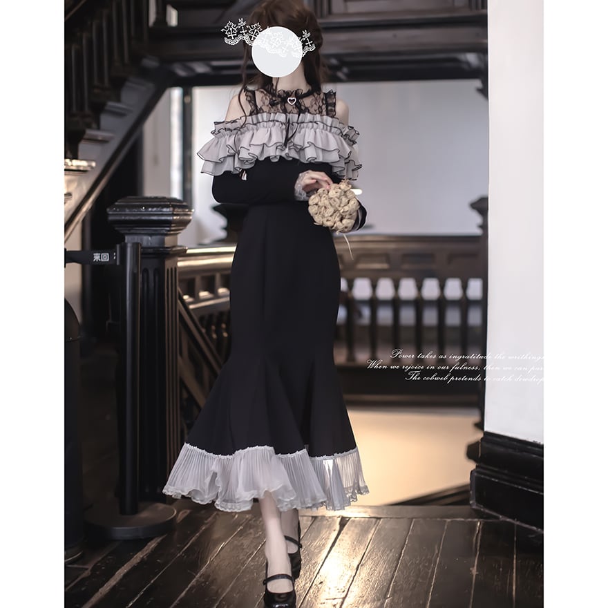マーメイド ワンピース フリル オフショルダー 黒 グレー ロング丈 大人かわいい ロリィタ 胡桃木