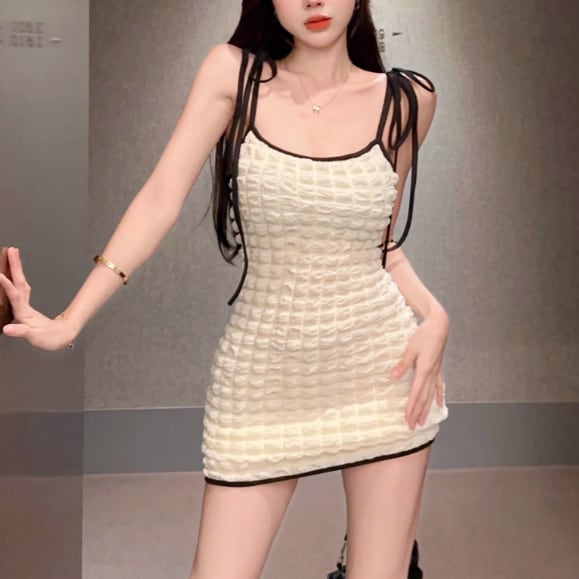 チェックノースリーブベルトデザインチュールミニキャバドレス(DE3477