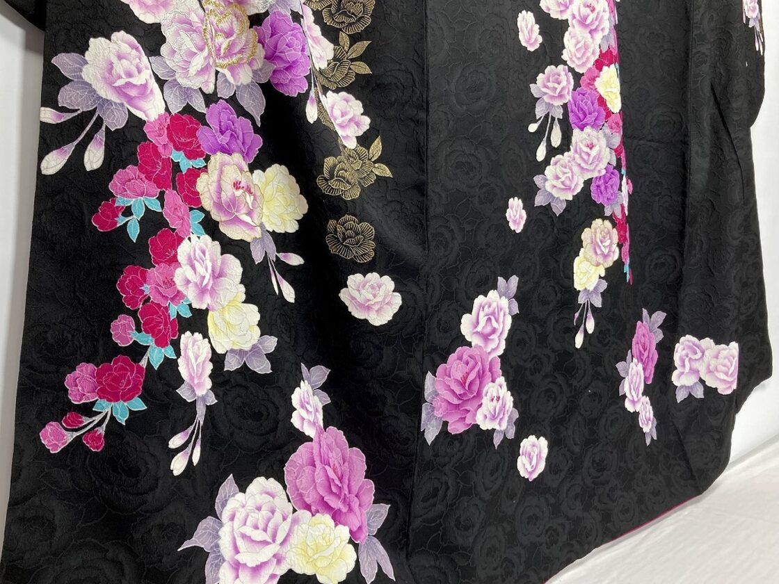 竹久夢二 刺繍 薔薇 金彩 振袖 正絹 黒 紫 ピンク 037 | PAY ID