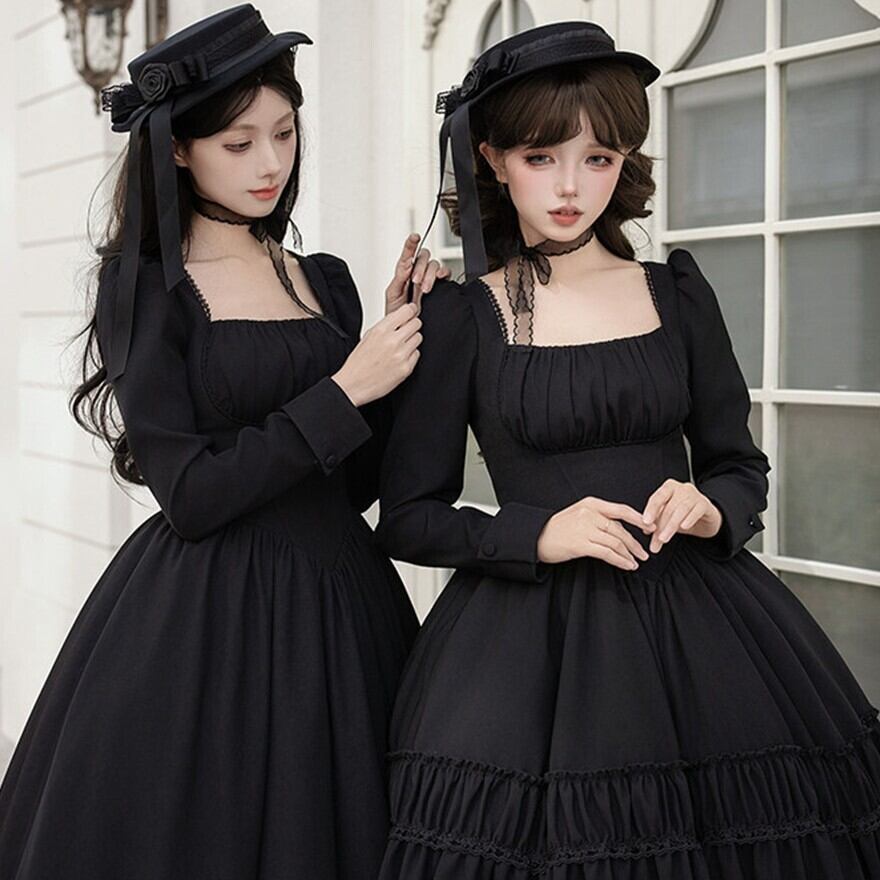 ゴスロリ｜修道女モチーフの黒ミニドレス 偽襟＆ベレー帽3点セット