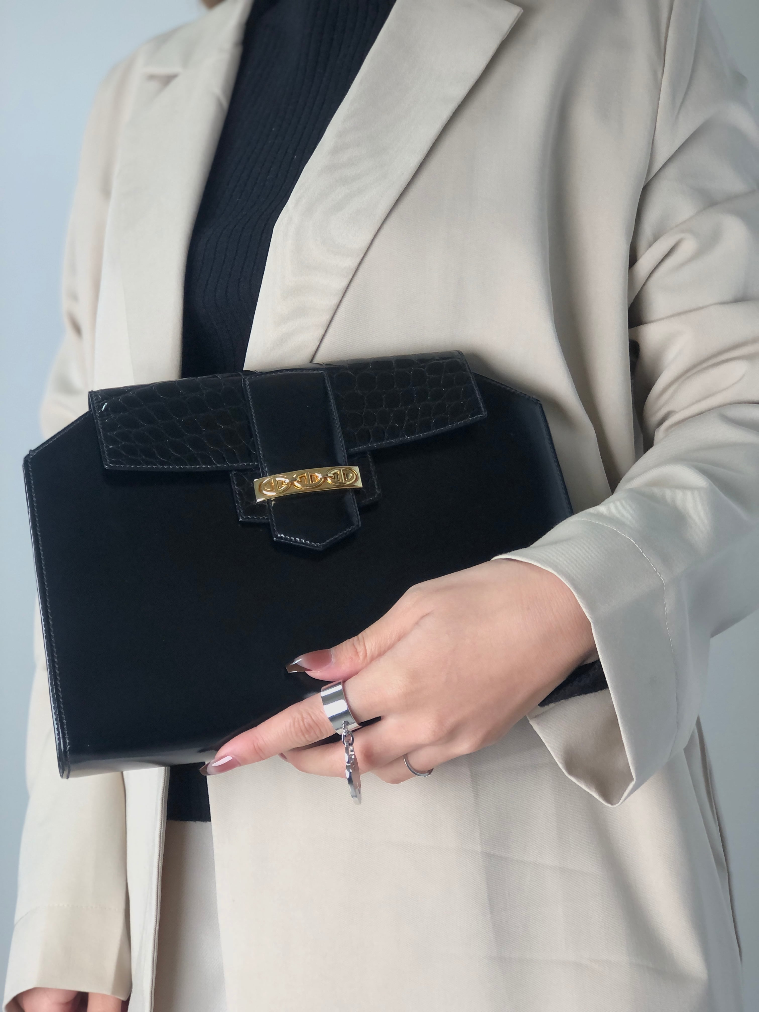 ◯GUCCI グッチ　クロコ型押し　ホースビットビンテージ◯ GUCCI グッチ クラッチバッグ ブラック ホースビット レザー クロコ型