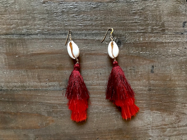 【14kgf】 Shell×tassel earrings(red)