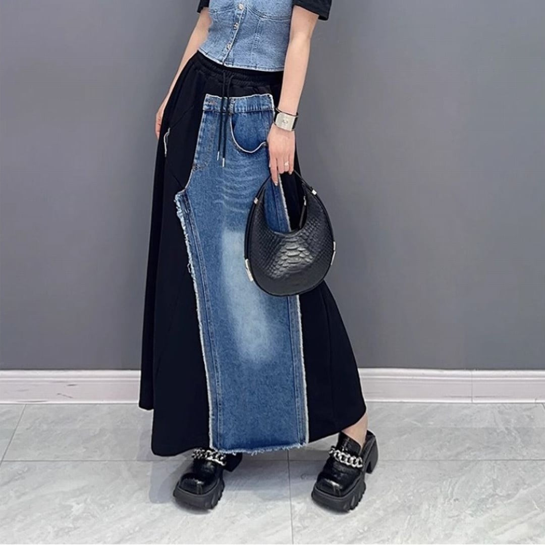 異素材MIXデニムウエスタンスタイルAラインスカート SK0154