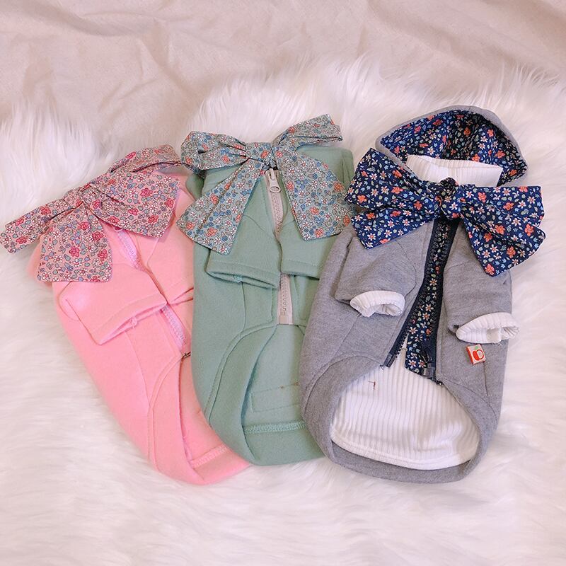 【SALE】BIGリボン裏起毛パーカー S ~ XL  /  犬服 秋冬 防寒 暖かい ドッグウェア アウター フード付き 犬 服 可愛い