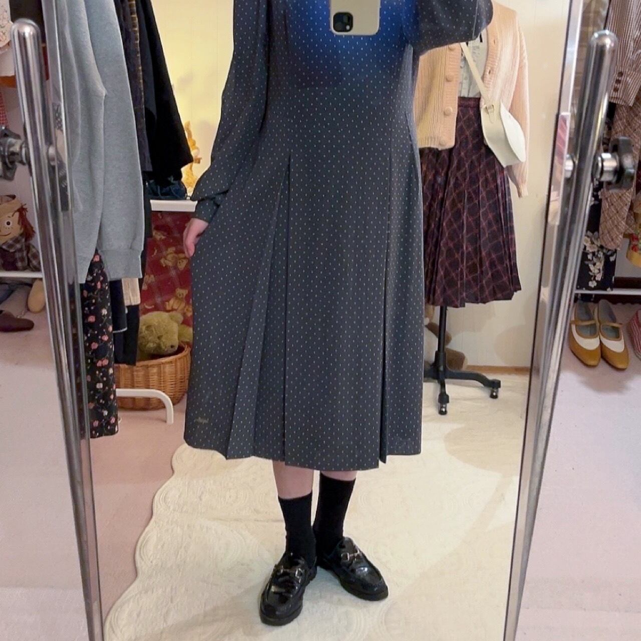 dark gray dot tuck flare one-piece