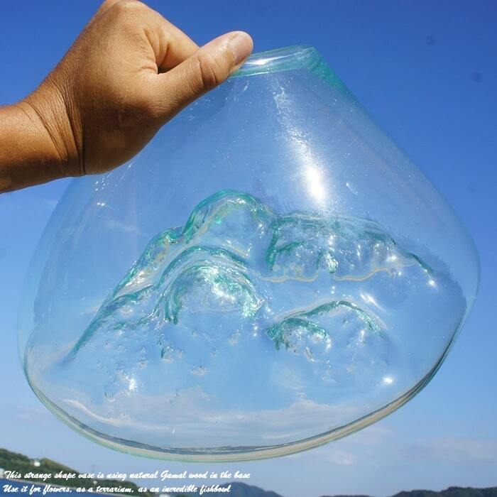 吹きガラスと天然木のオブジェL 金魚鉢 メダカ 水槽 アクアリウム