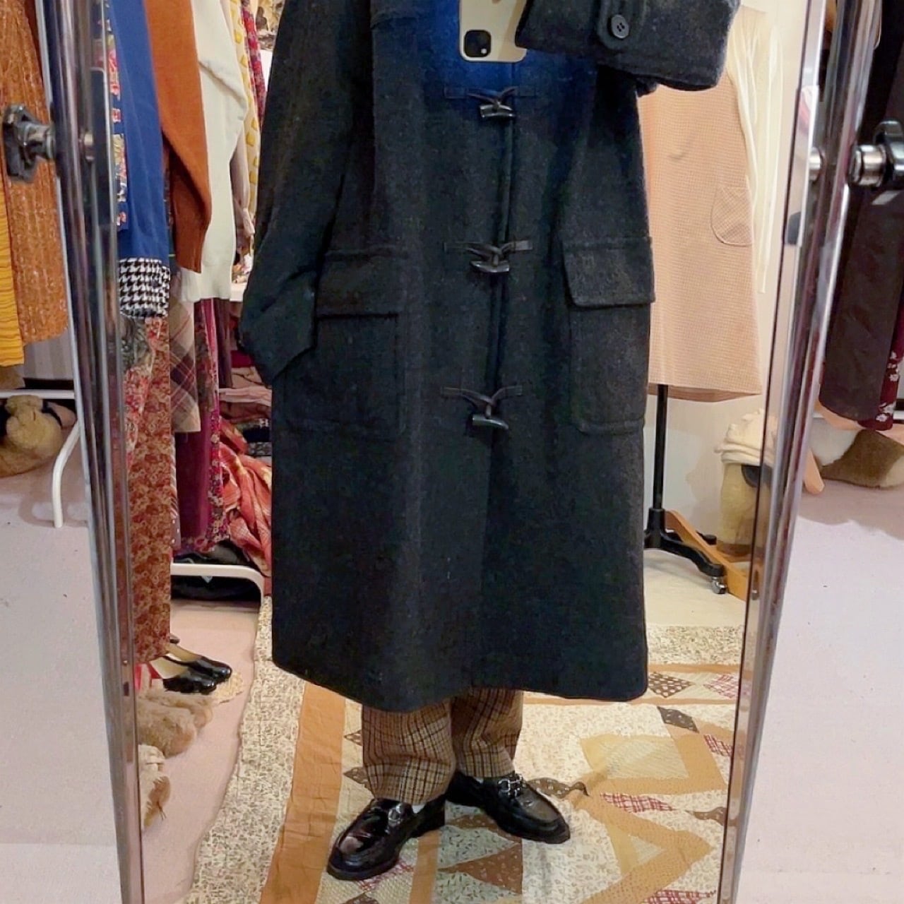 gray big duffle coat