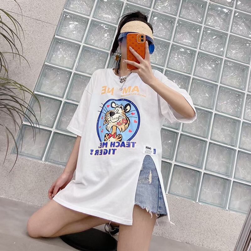 サマープリント柄サイドスリット薄手ルーズラウンドネック半袖スリーブTシャツ ショート ハーフスリーブ 大きめサイズ 夏物 Oネック ミックスインファッション26950655568