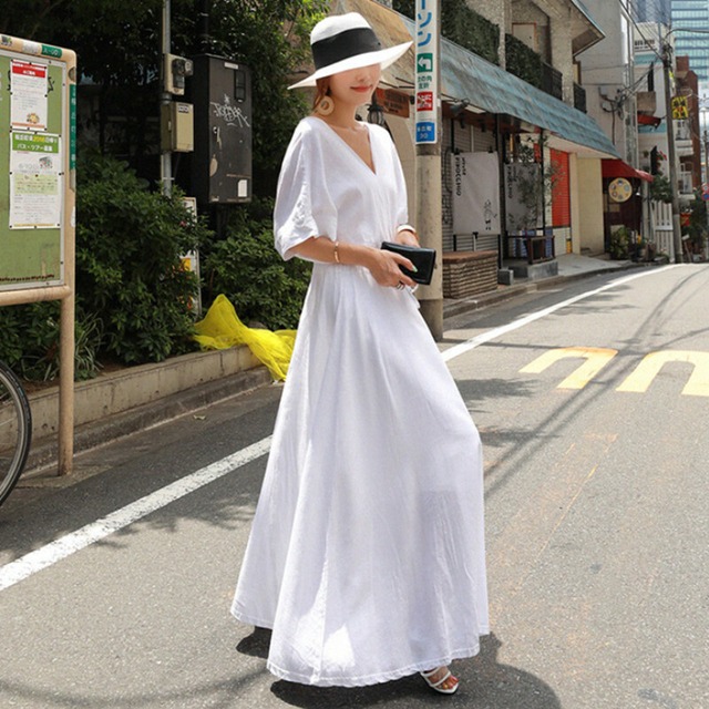 送料無料 ワンピース デート お出かけ リゾート バカンス マキシ丈 ロング丈 半袖 袖あり Vネック シャツワンピース 無地 ホワイト イエロー 代 30代 おしゃれ 大人可愛い おとなかわいい エレガント Sarubia パーティードレス ワンピース専門店