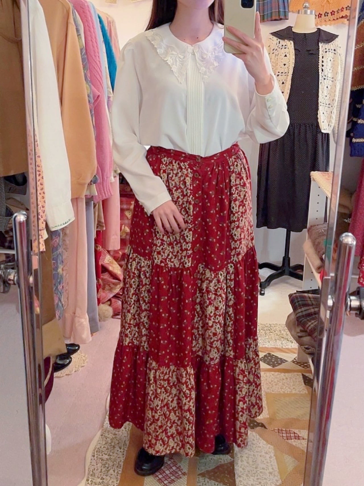 red flower patchwork tiered skirt