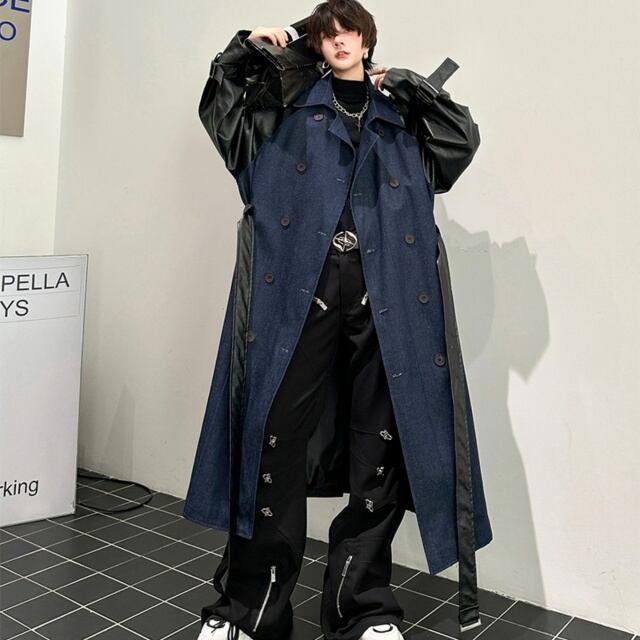 予約販売】コート 異素材 メンズ アウター ロング丈 ネイビー ブラック