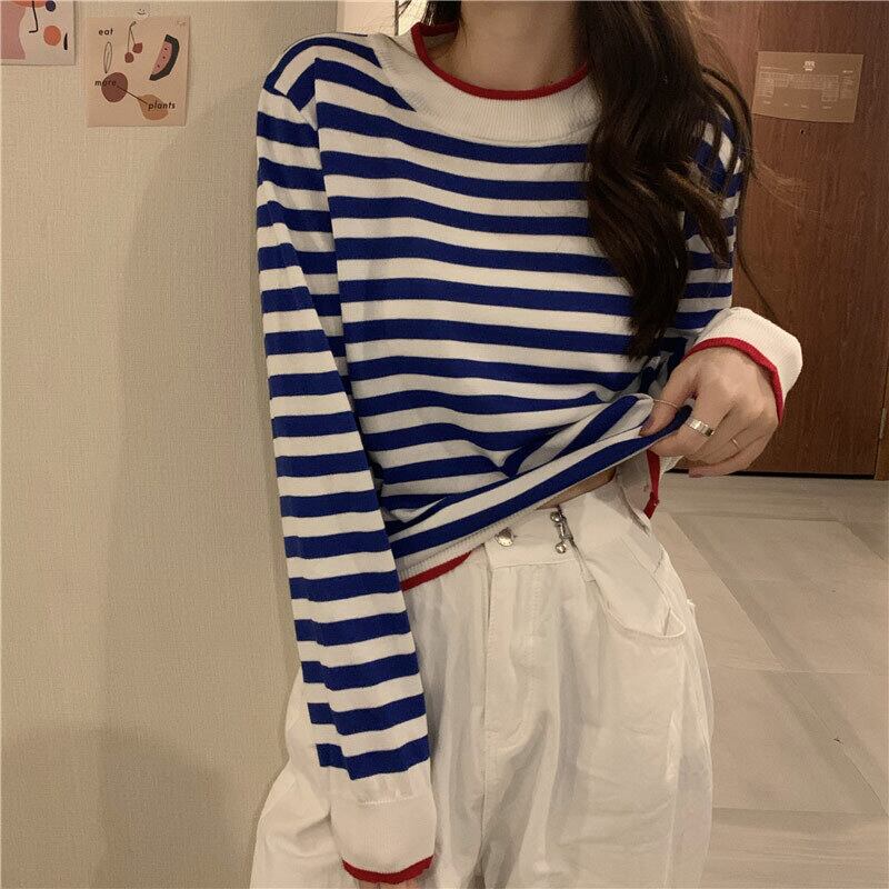 Tシャツ シャツ スプリングストライプニットセーター ラウンドネックルーズスタイル ロング 春物 Oネック 萌量不足46547331735