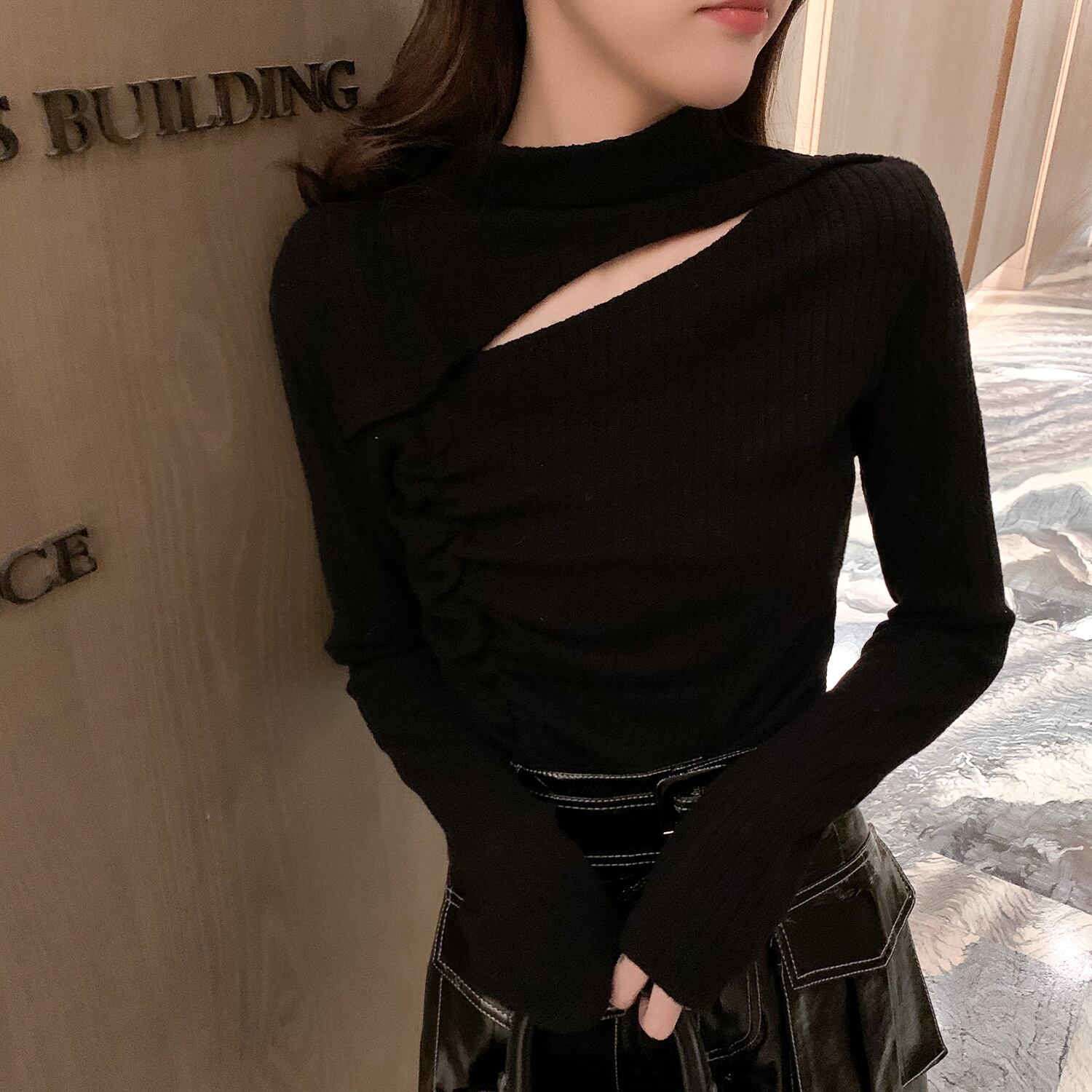 スプリングセーター ブラックスリムブラウス 春物 6Du_Shop_Women79541734974