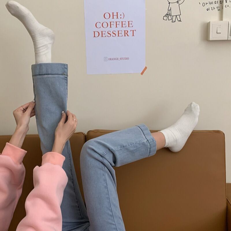 スプリングジーンズ ハイウェストウェストスリムパンツ 春物 試着室94643602813