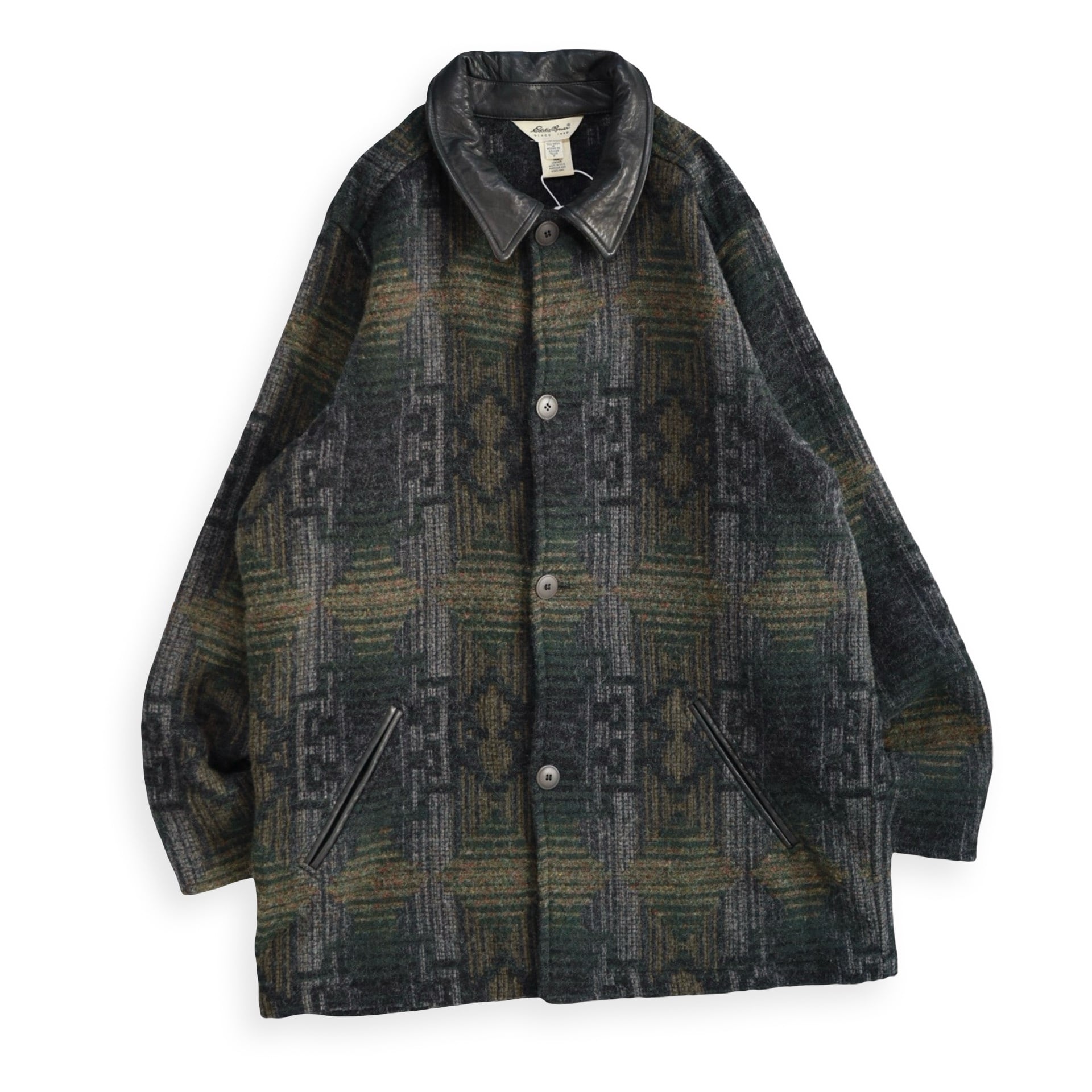 Eddie Bauer Leather Collar Ombre Check Wool Coat