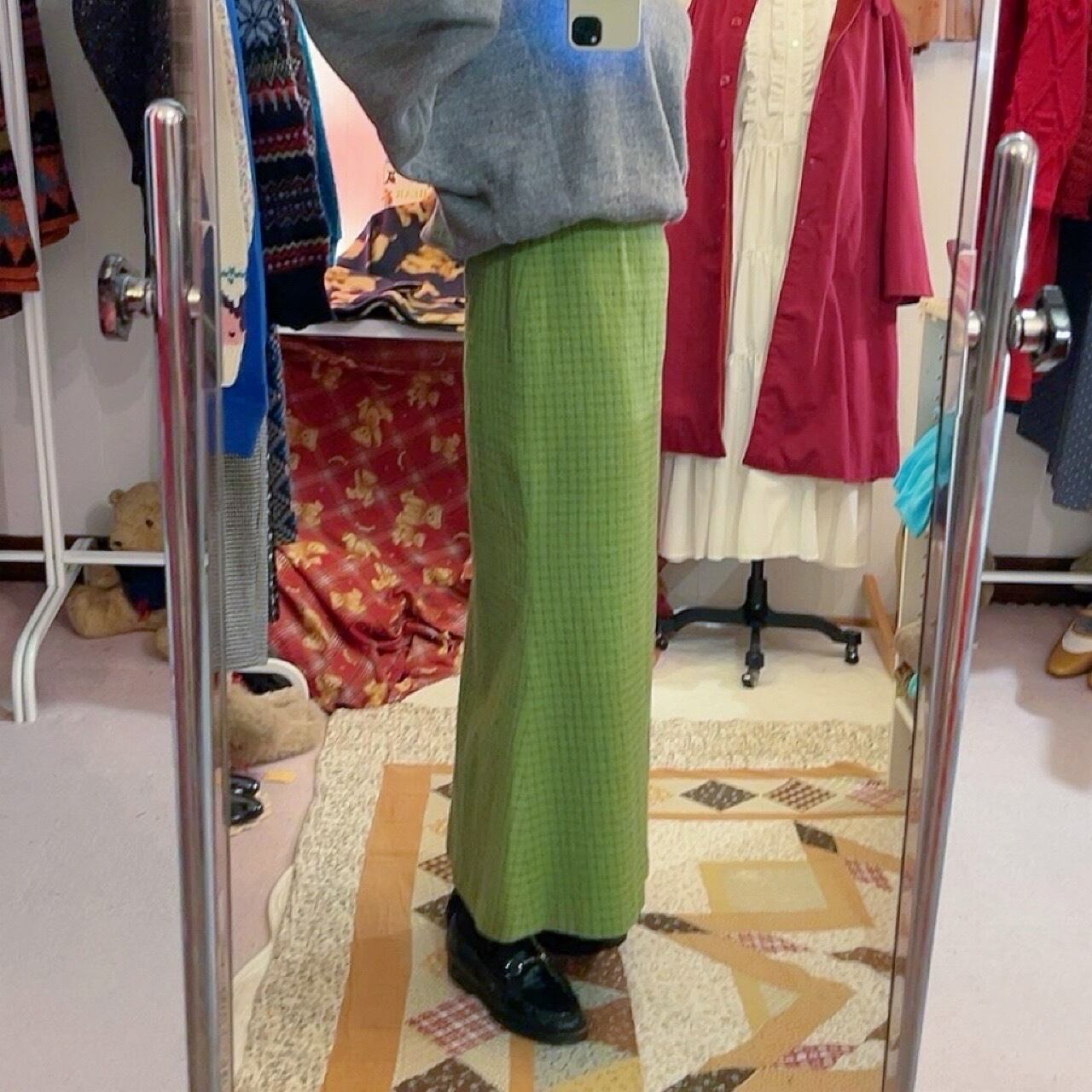 light green check long skirt