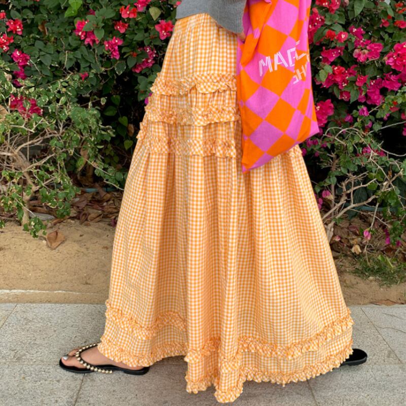 Marigold Check Elastic-Waist Flounce Long Skirt S0338
