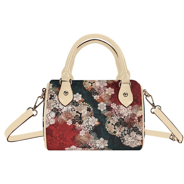 和柄紋様　深緑　ヴィーガンレザーミニボストンハンドバッグ