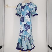 フラダンス 衣装 ワンピース ドレス ブルー系 RoyalCreations ハワイ製 ハイビスカス柄 モンステラ柄 ハワイアンプリント アロハ フラ ダンス レッスン 練習 フリル 半袖 パウスリーブ 華やか 鮮やか かわいい おしゃれ 上品 大人っぽい ホワイト系 花柄 エレガント リゾート お洒落 スタイリッシュ 軽やか レディース