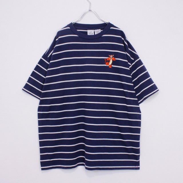 【Caka act2】"Disney" "Tigger" Embroidery Design Horizontal Stripe Pattern Loose T-Shirt