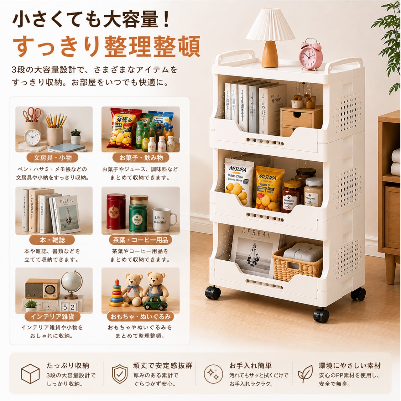 J347 .多段収納ワゴン キャスター付き｜家庭用 リビング お菓子