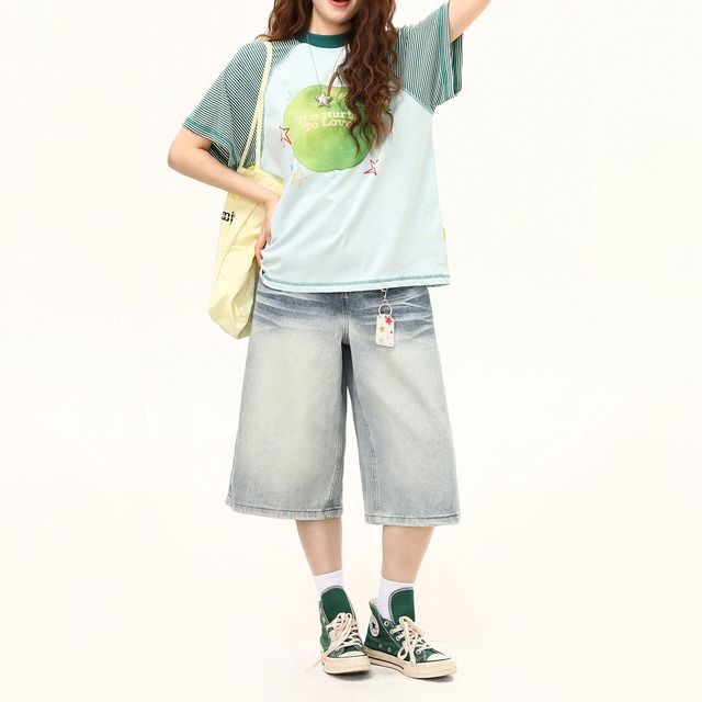 ボーダースリーブアップルグラフィックTシャツ 2col   R02491