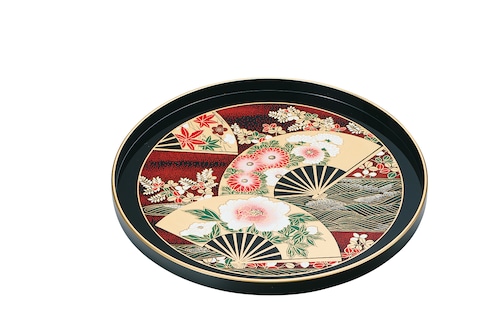 36-5117 10.0丸盆 黒 舞扇 Brack Round Tray with Flower and Fan