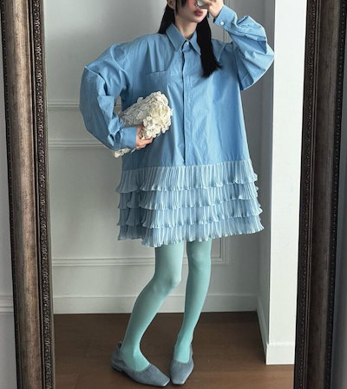 チュニック シャツワンピース ロングシャツ レディース 折襟 チュニックワンピース トップス 長袖 レース ティアードスカート 切り替え A ...
