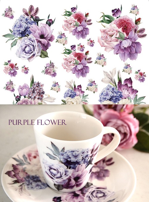 パープルフラワー転写紙　Ａ4サイズ（ポーセラーツ用転写紙　紫の花）