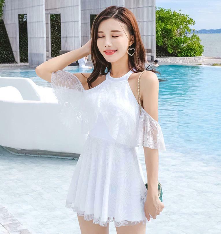 ワンピースタイプ韓国水着体型カバー夏映るレディースホワイト白