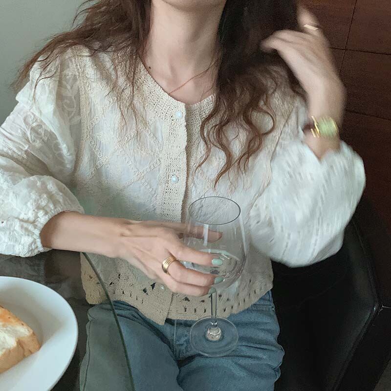 シャツ トップス スプリングオータムショートスタイル薄手長袖スリーブラウンドネックホワイト ロング 春物 秋物 Oネック ビッグFスモールZ韓国47416972218