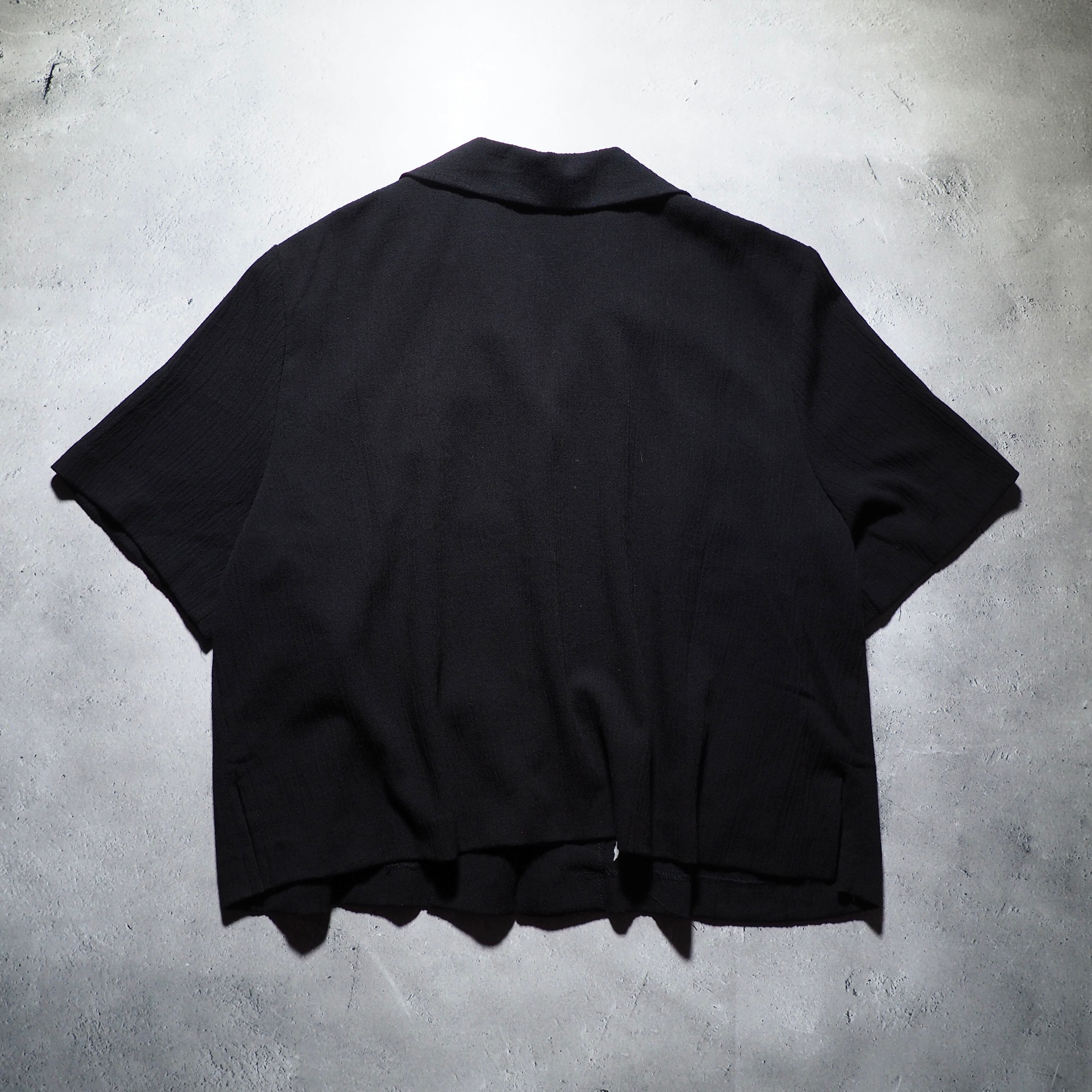 1990s Black mode pleats × Flower embroidery vintage SS open collar shirt (made in Usa)