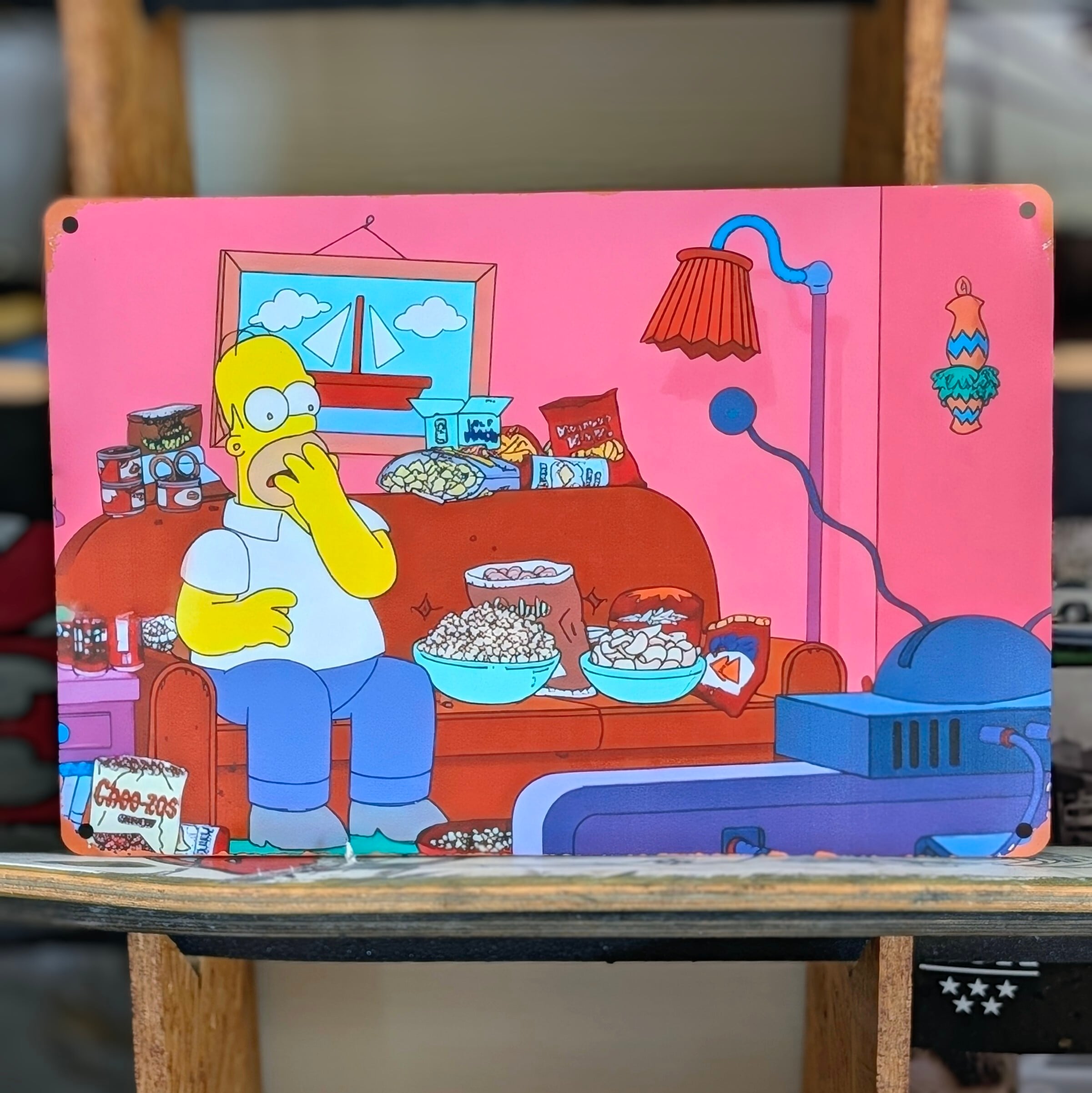 送料無料！ちょうどいいブリキ看板【 The Simpsons （ シンプソンズ ）】『 ホーマー幸せお菓子フォーメーション(笑) 』 METAL SIGN / メタルサイン / ブリキ看板 / サインボード / ビンテージ加工 〚アメリカン雑貨 アメトイ〛