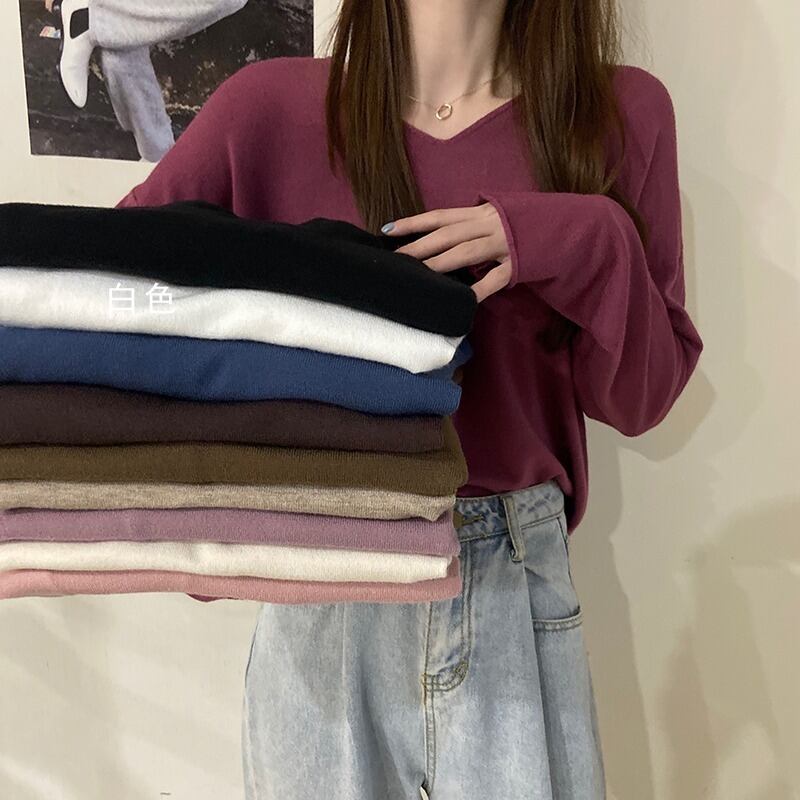 ホワイトオータムセーター ルーズVネックTシャツ ロング 秋物 1号婦人14747996439