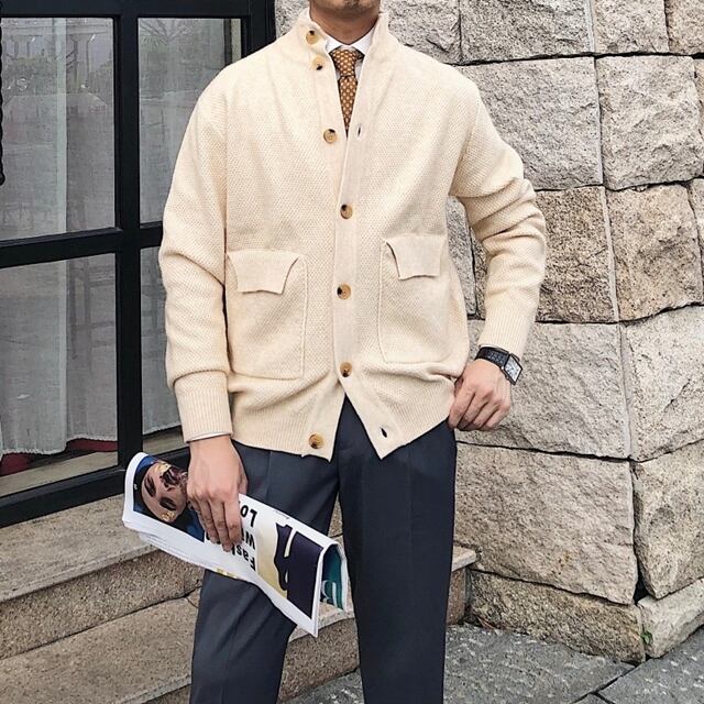 【予約販売】カーディガン 無地 ボタン ハイネック 襟 メンズ シンプル ベーシック ベージュ ブラック ブラウン セーター こなれ感 お洒落 韓国 トレンド 秋冬 M/L/XL/2XL/3XL