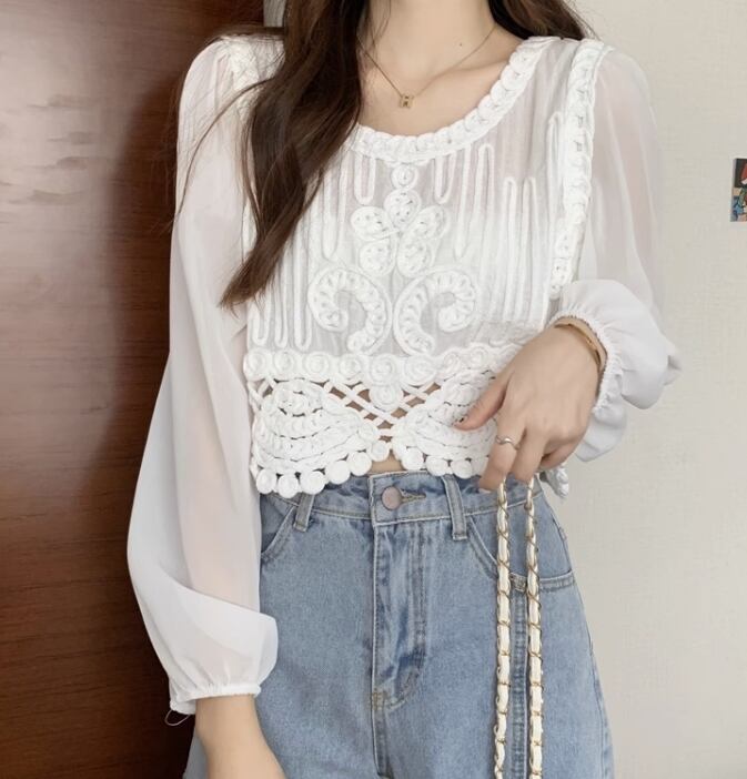 トップス ブラウス ミニ ミニ丈 袖あり 長袖 ラウンドネック レース ハイウエスト 透け感 鎖骨 かわいい 大人可愛い シンプル 上品 おしゃれ お洒落 レトロ ラフ マニッシュ キュート ルーズ 個性的 セクシー モダン 抜け感 シック ロマンチック 無地 春 夏 10代 20代 30代 レディース 女性用 学生 デート お出かけ お泊まり 休日 フリーサイズ 白 ホワイト くすみカラー 大人カラー モノトーン 春カラー アプリコット