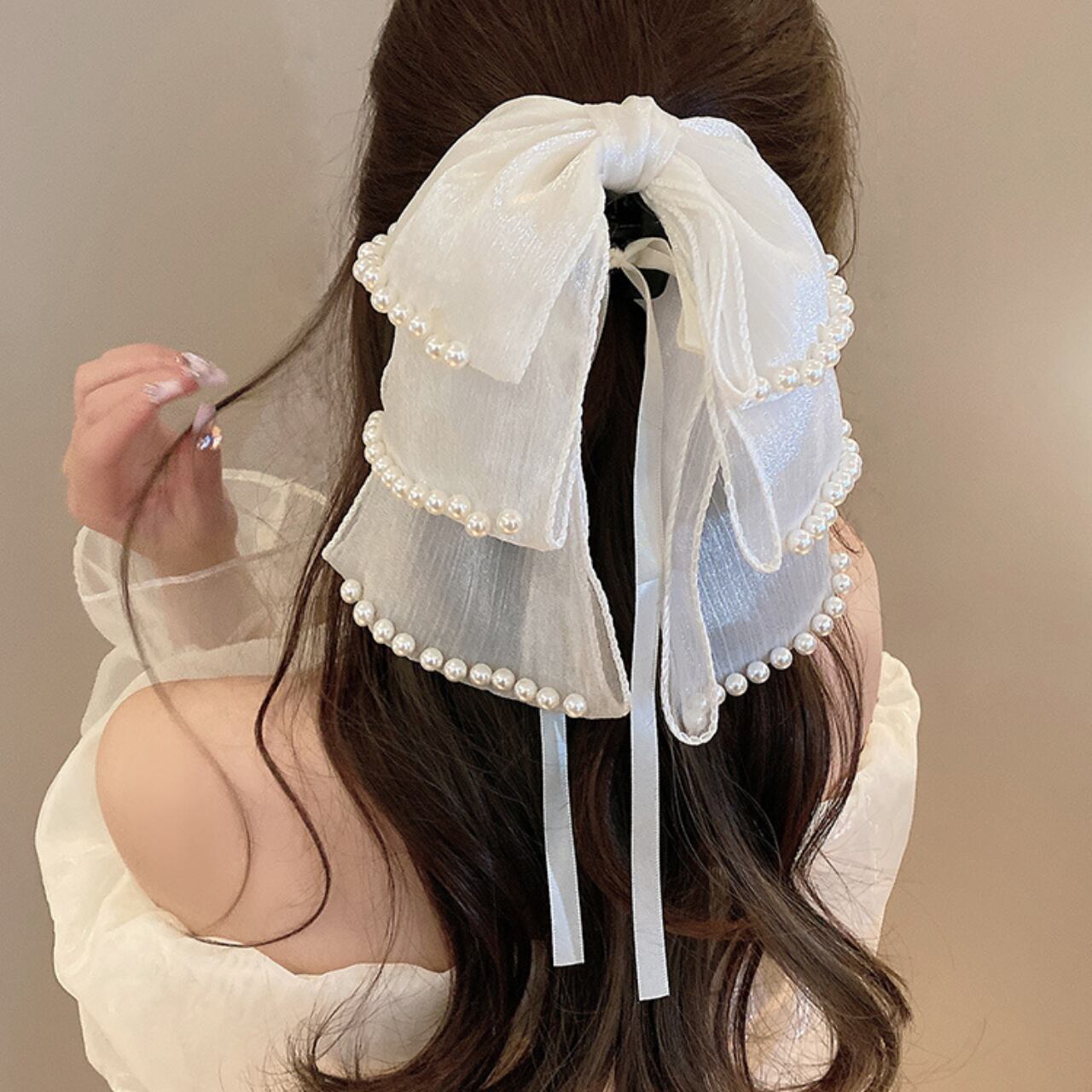 ヘッドドレス パール リボン ヘアクリップ-ホワイト