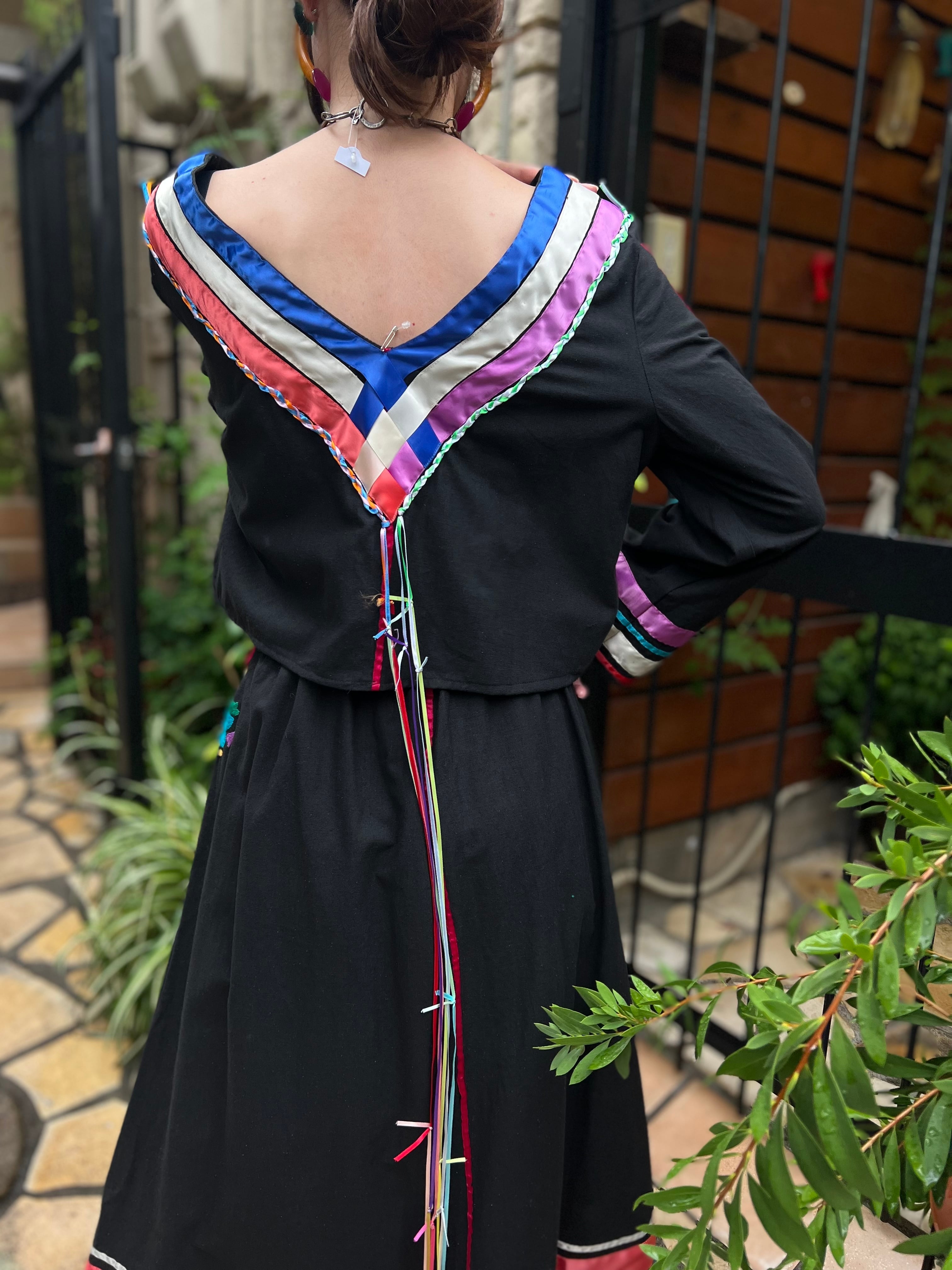 70s black × multicolor ribbon × floral embroidery cotton set up