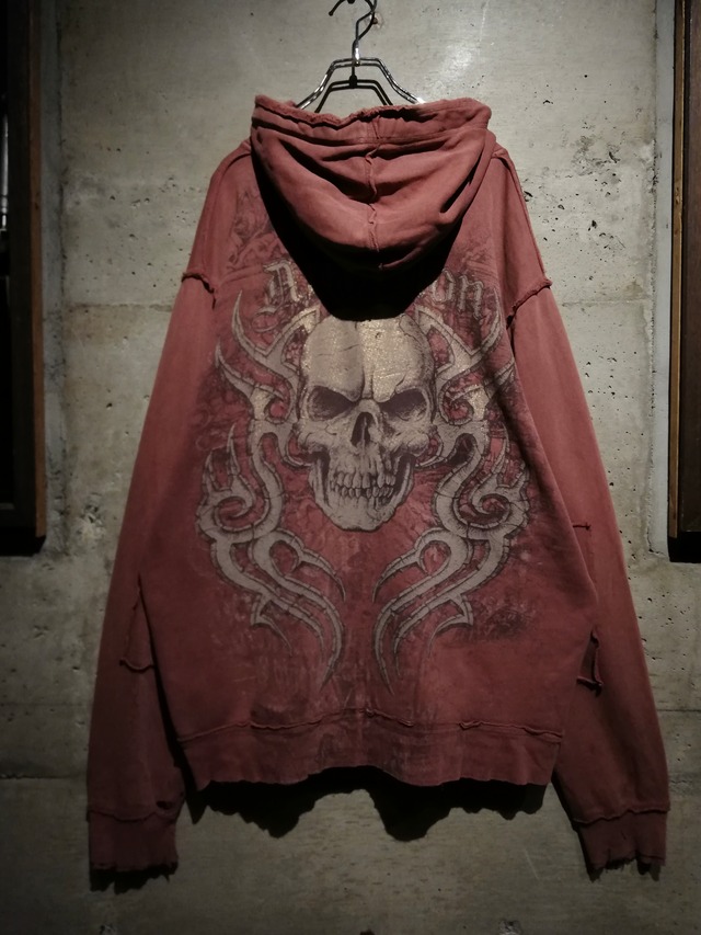 【Caka】“Affliction” Skull Art Bleach Wash Zip Up Hoodie