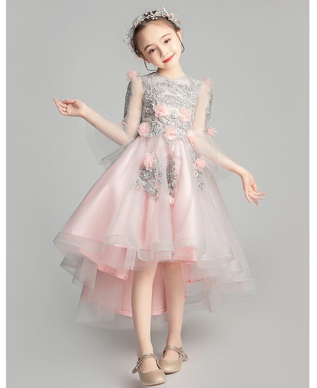 子どもドレス 子供ドレス キッズドレス ジュニア フォーマル用 ピアノ発表会 結婚式 入園式 卒業式 子供服 女の子 子供ワンピース ラウンドネック 長袖 アシンメトリー グレー ピンク Elegant