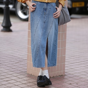 blue slimming bias cut denim skirt