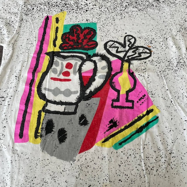 アートT アート　絵　Tシャツ　半袖　白　ホワイト　ダブルステッチ　古着　　商品番号384