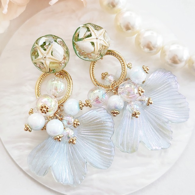 【再販】マーメイドラグーン【ブルー】୨୧ヒトデと貝殻の海カボションピアス/イヤリング/ノンホールピアス/樹脂ピアス