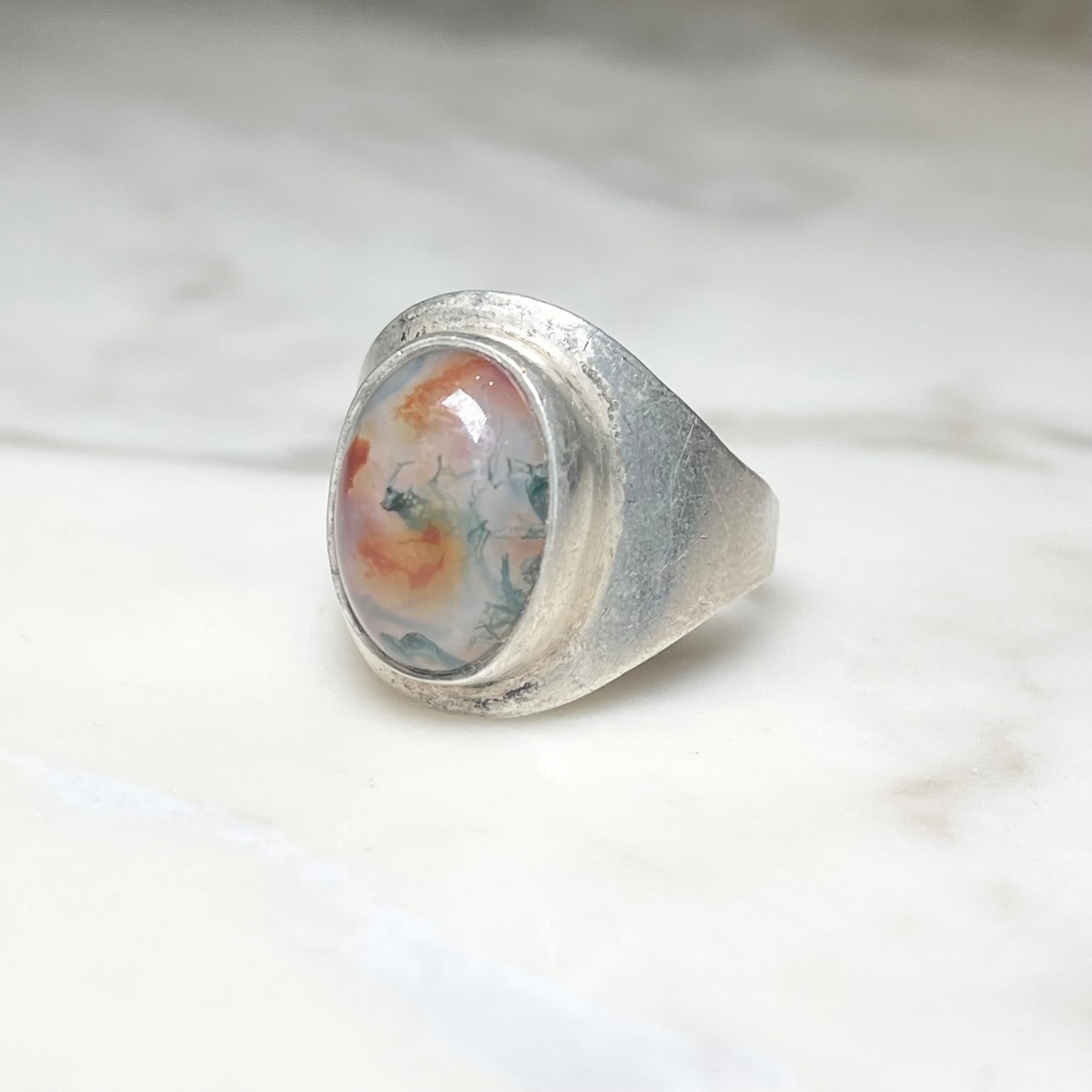 vintage silver ring set with moss agate made in England